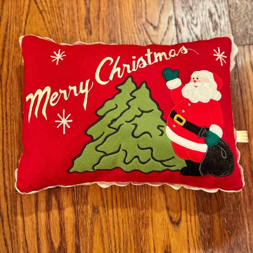 VTG Christmas Pillow Red Appliqué Ric Rac Ribbon Beads Santa Tree Retro Holiday